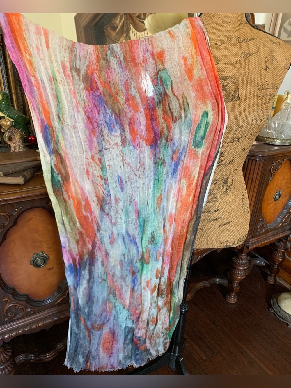 Vintage Boho Hippie Gypsie Linen Tie-Dye Multi-Coloured Scarf Shawl